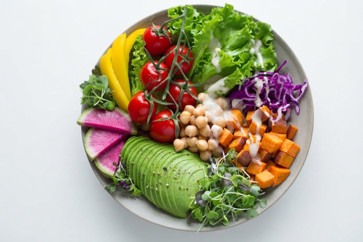 A salad bowl with tomatoes, avocado, lettuce, yellow pepper, red cabbage, chickpeas, sweet potato, watermelon radish, microgreens and a creamy dressing, scanned by the app